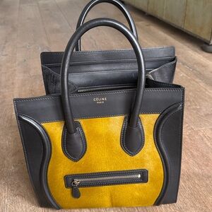 Celine Rare Vintage Luggage Tote Navy Blue / “Gold” Pony Hair